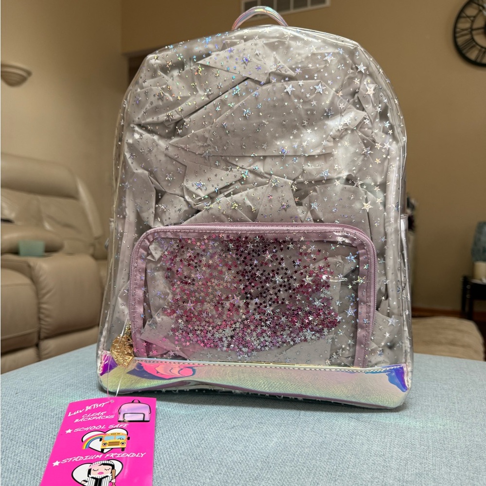 Luv Betsey, Betsy Johnson clear back pack with pink glitter stars.